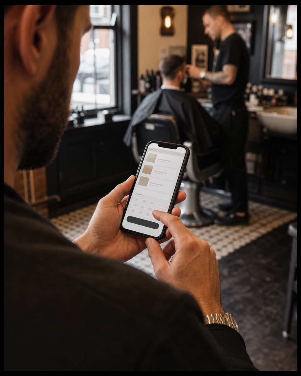 A client choosing a service and time from a phone in a barbershop