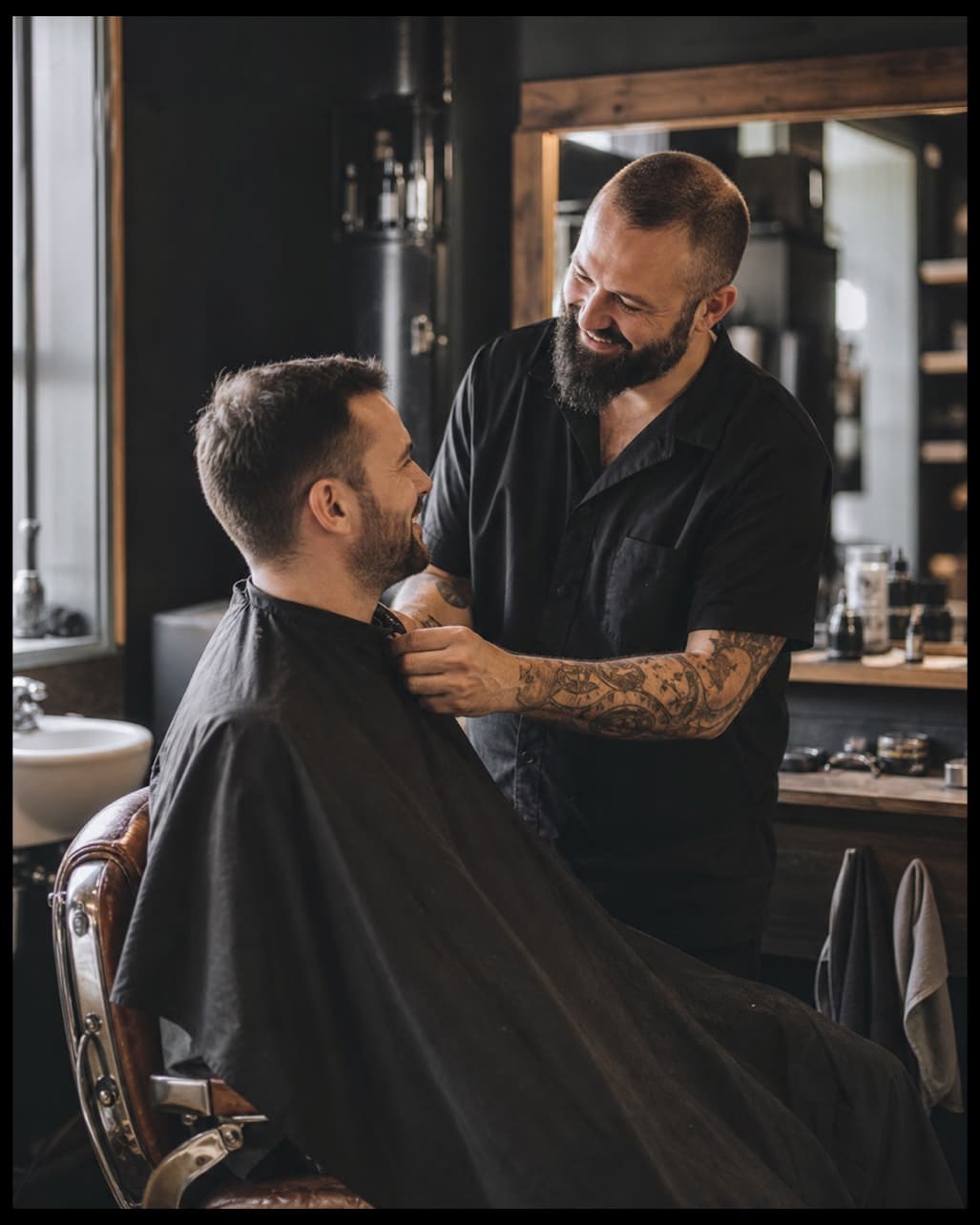 A barber sharing a familiar moment with a returning client